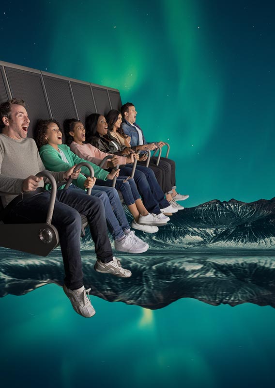 A family on a flight ride superimposed on an image of mountains and the northern lights.