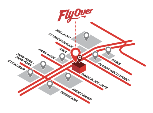 Map showing location of FlyOver on the Las Vegas Strip.