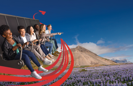 A family on a flight ride superimposed on an image of mountains and the northern lights.